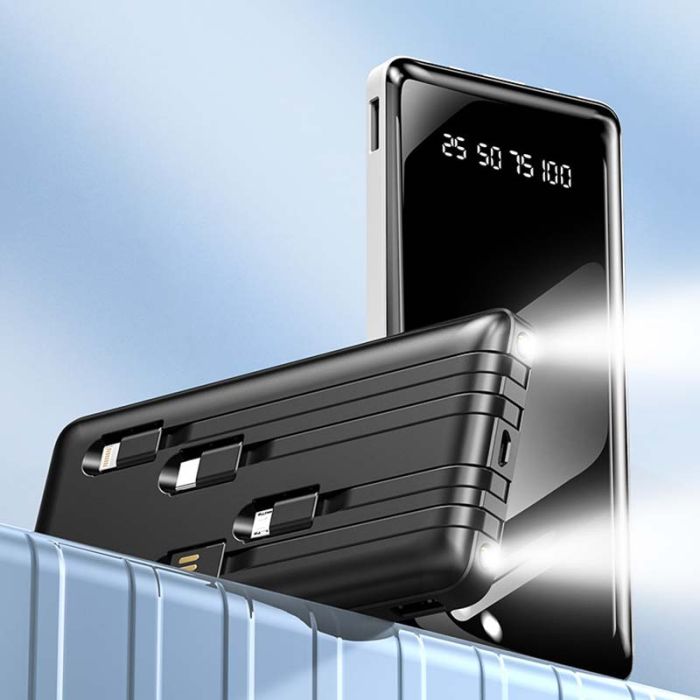Power bank XIYT YZB0815 10000 mAh + кабель 4в1 USB / Micro / Type-C / Lightning / Ліхтарик Black