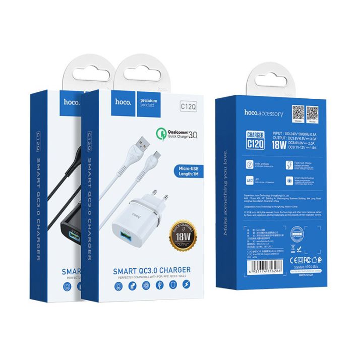 Мережевий зарядний пристрій Hoco C12Q 1 USB 3A QC3.0 Micro білий