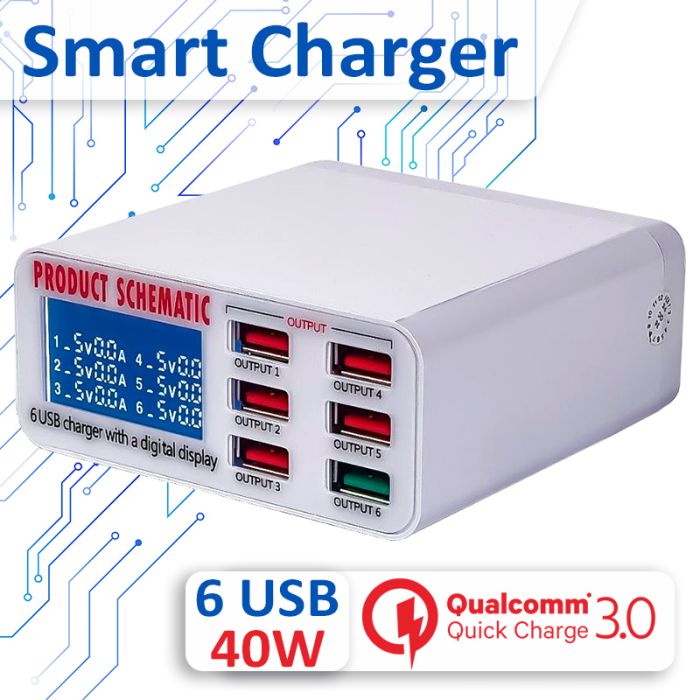 Швидкий зарядний пристрій Kaisi  / цифрова індикація / 3.5A / 5xUSB / 1xUSB QC3.0 / 40W