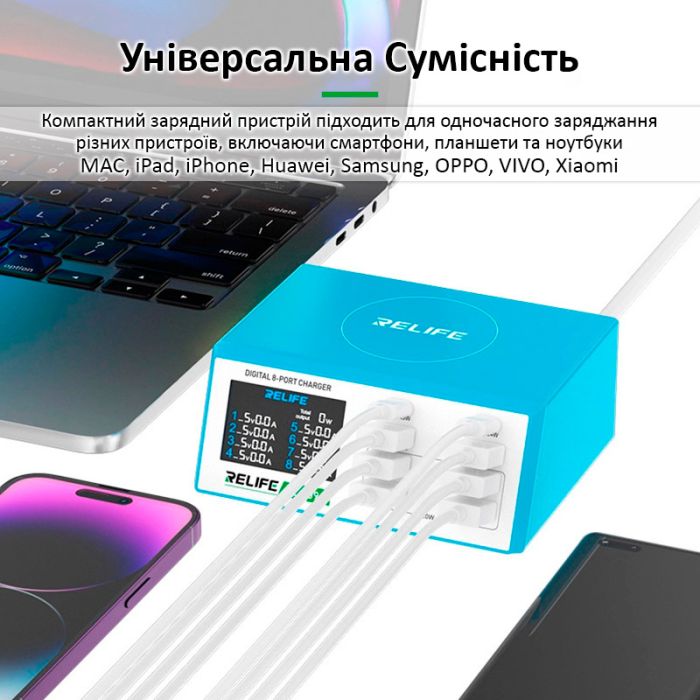 Быстрое зарядное устройство Relife RL-309A 8xUSB / PD3.0 45W / QC3.0 / автоотключение / 100W Max