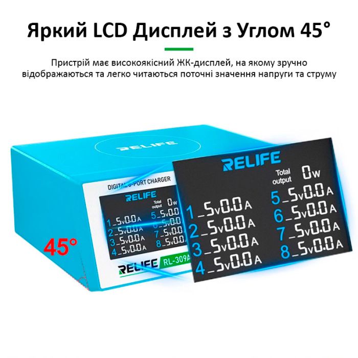 Быстрое зарядное устройство Relife RL-309A 8xUSB / PD3.0 45W / QC3.0 / автоотключение / 100W Max