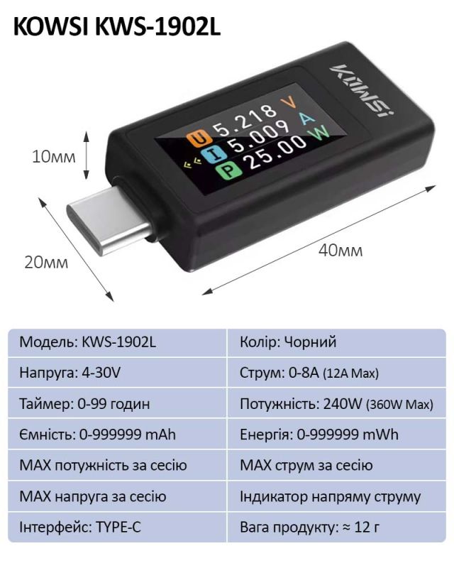 Многофункциональный USB тестер KOWSI KWS-1902L Type-C / QC3.0 / 4-30V / 8A Черный
