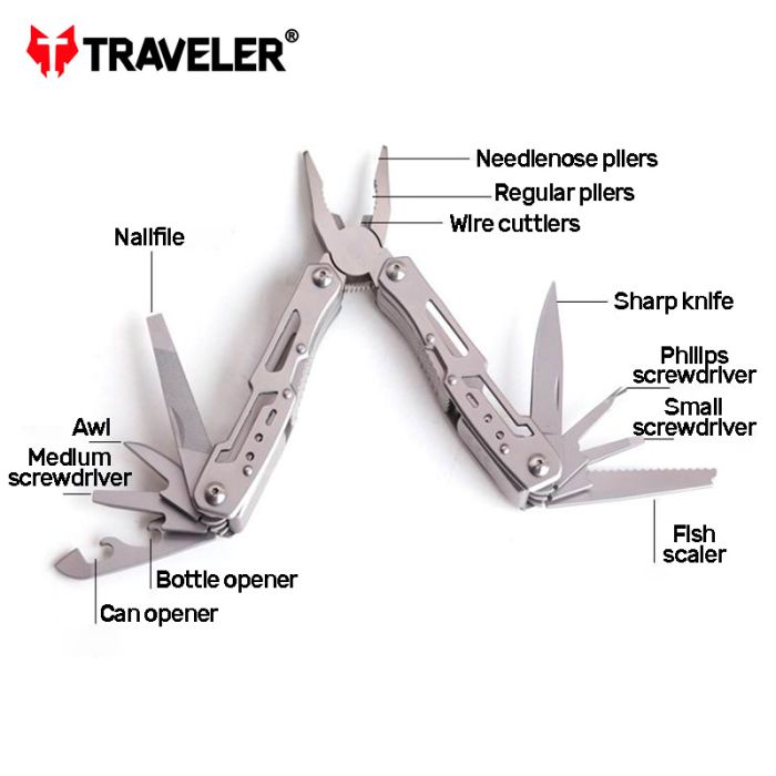 Мультитул складной Traveler MQ051G / 12 инструментов / для туризма / рыбалки / вело / с чехлом