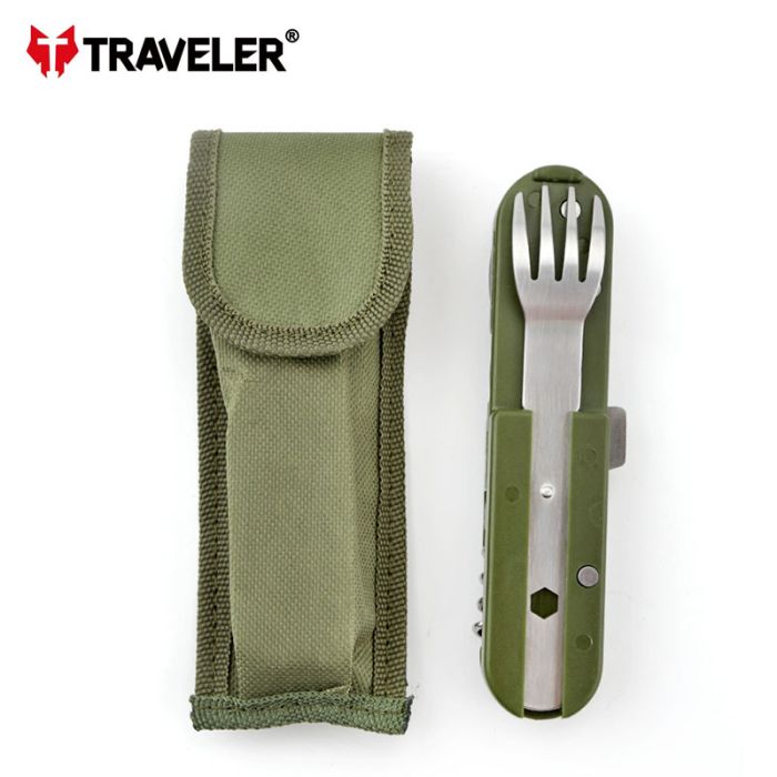 Мультитул походный Traveler K607 нож, ложка, вилка, штопор, открывалка, с чехлом