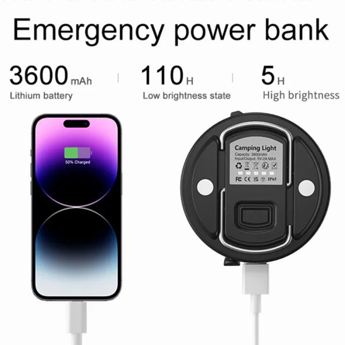 Фонарь кемпинговый Camping Light M0 + Powerbank 3600 mAh / 13 режимов / магнит / крючок / IP65 / 5W / Type-C