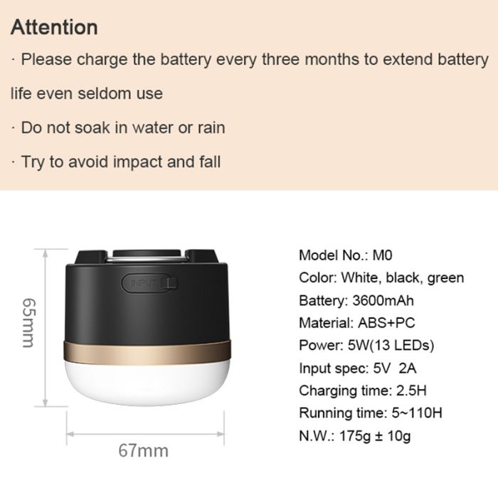Фонарь кемпинговый Camping Light M0 + Powerbank 3600 mAh / 13 режимов / магнит / крючок / IP65 / 5W / Type-C