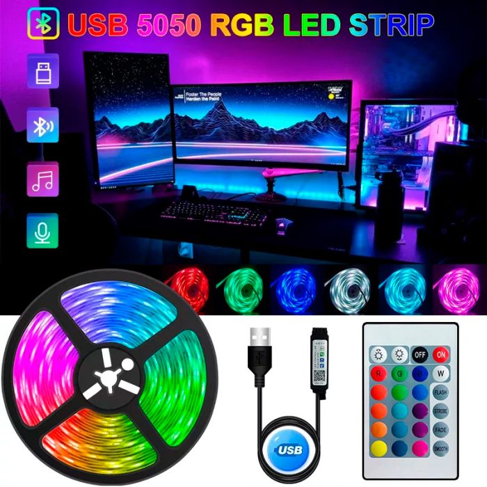 Светодиодная LED лента 5 метров USB / Bluetooth / Powerbank / 5В / RGB без приложения