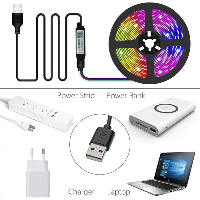 Светодиодная LED лента 5 метров USB / Bluetooth / Powerbank / 5В / RGB без приложения