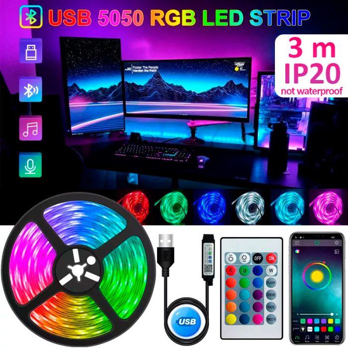 Світлодіодна LED стрічка Bluetooth, USB, 30 діодів на 1 метр, додаток, робота від Powerbank, 5В, IP20, 3 м