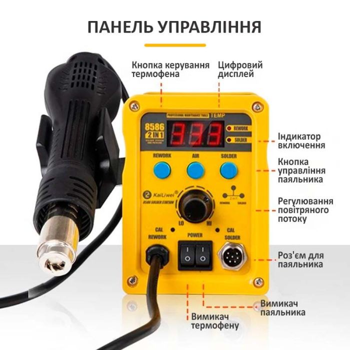 Паяльна станція 2 в 1 KaiLiwei 8586 / фен + паяльник / цифрова індикація / турбінна / 100-500°C / 750 Вт