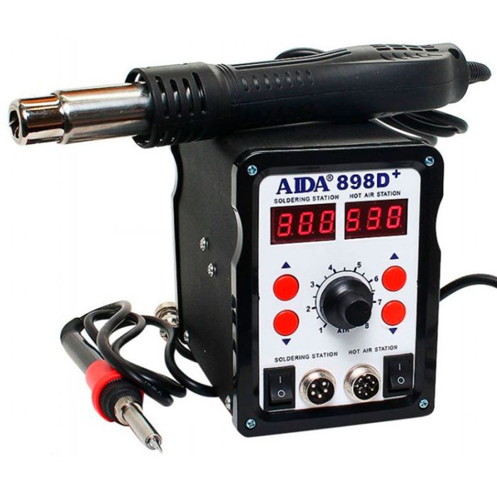 Паяльная станция 2 в 1 AIDA 898D+ / термофен + паяльник / 3 насадки / 100 - 480°C / 600 Вт