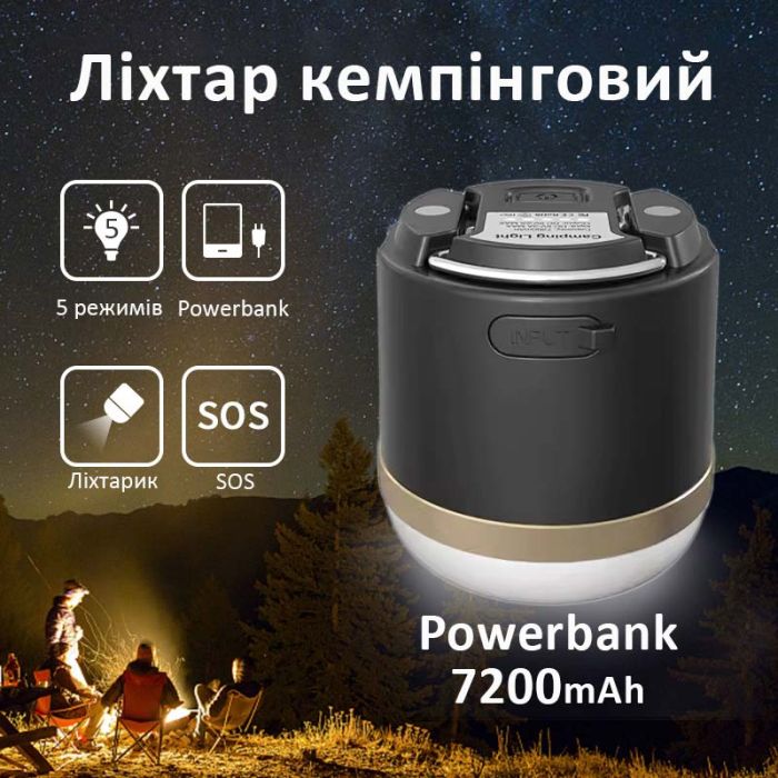 Фонарь кемпинговый Camping Light M1 + Powerbank 7200 mAh / 5 режимов / магнит / крючок / IP65 / Type-C Black