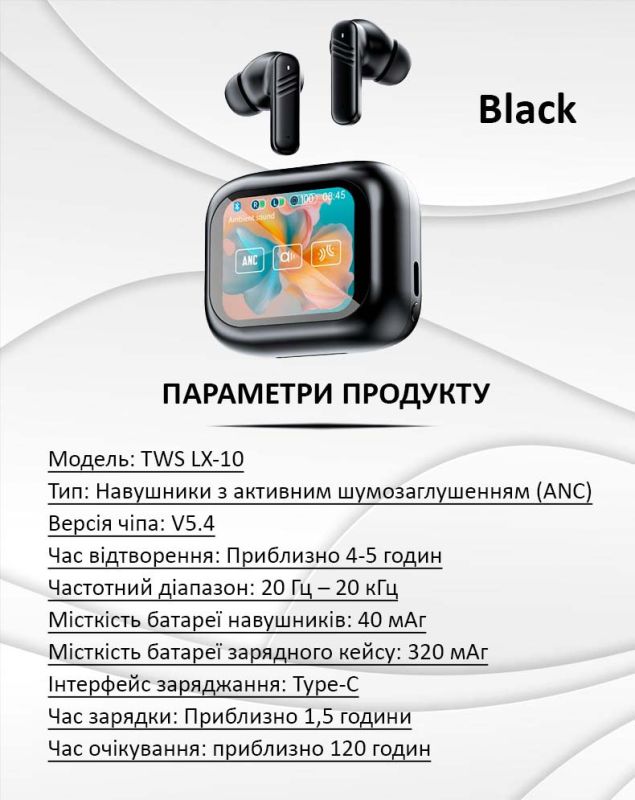 Бездротові навушники LX-10 TWS Earbuds з LED дисплеєм, Bluetooth 5.4, ANC + ENC, 320mAh Black
