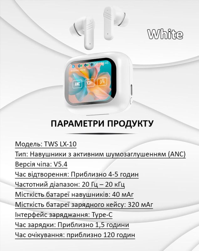 Бездротові навушники LX-10 TWS Earbuds з LED дисплеєм, Bluetooth 5.4, ANC + ENC, 320mAh White