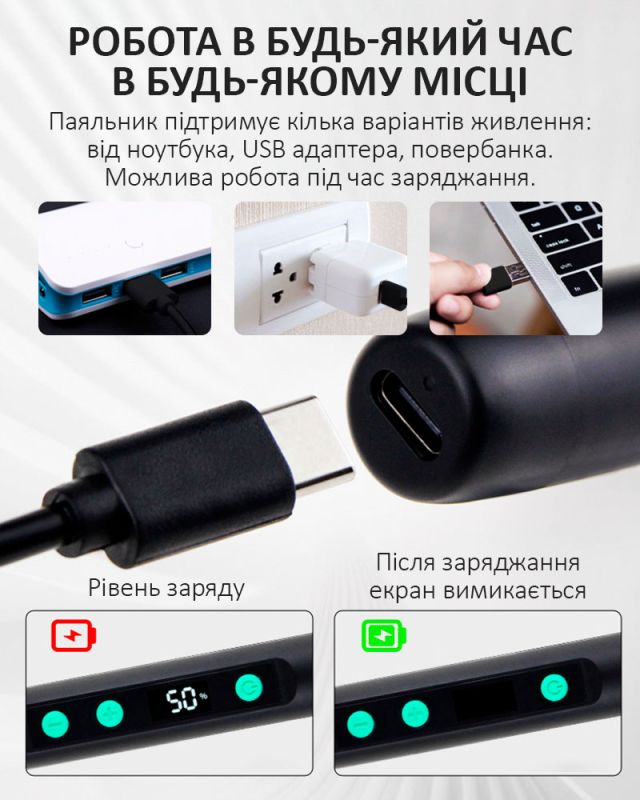 Портативний паяльник PS-5134 / 180-450°C / жало / губка / підставка / 5В USB Type-C / 15Вт Blue