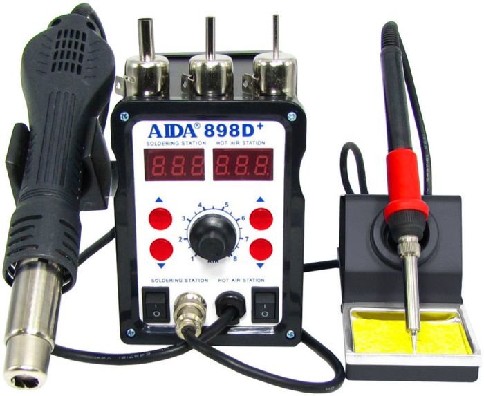 Паяльная станция 2 в 1 AIDA 898D+ / термофен + паяльник / 3 насадки / 100 - 480°C / 600 Вт