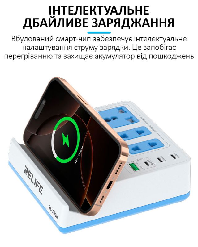 Бездротовий зарядний пристрій Relife RL-309H / 1XUSB QC / 3xType-C PD / подовжувач 220В / 72W Max