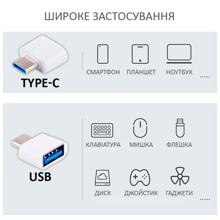 OTG переходник USB Type-C - USB 2.0 адаптер Белый