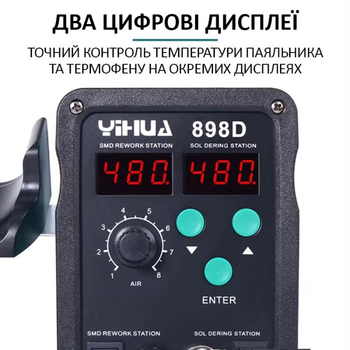 Паяльна станція YIHUA 898D 2 в 1 фен / паяльник / цифрова індикація / турбінна / 700 Вт