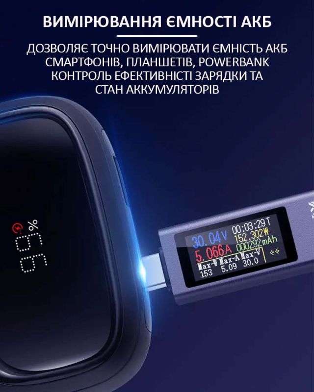 Багатофункціональний USB тестер KOWSI KWS-2302C Type-C / ударостійкий / QC3.0 / 4-30V / 12A