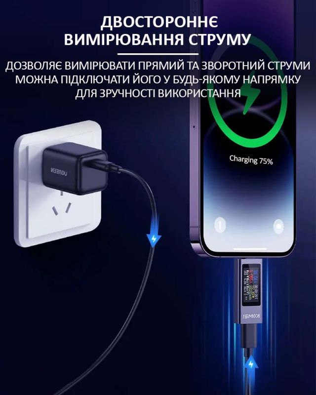 Багатофункціональний USB тестер KOWSI KWS-2302C Type-C / ударостійкий / QC3.0 / 4-30V / 12A