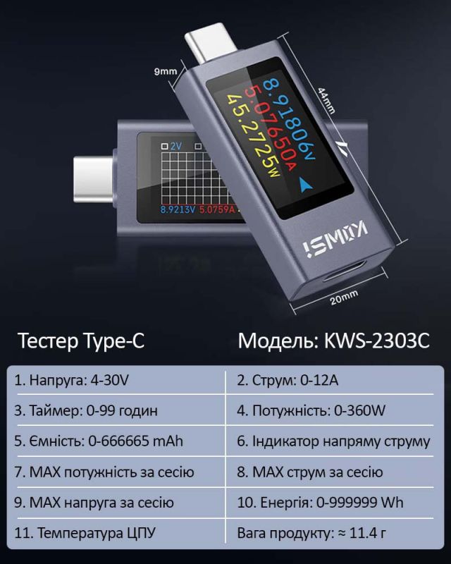 Багатофункціональний USB тестер KOWSI KWS-2303C Type-C / ударостійкий / QC3.0 / 4-30V / 12A