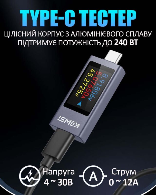 Багатофункціональний USB тестер KOWSI KWS-2303C Type-C / ударостійкий / QC3.0 / 4-30V / 12A