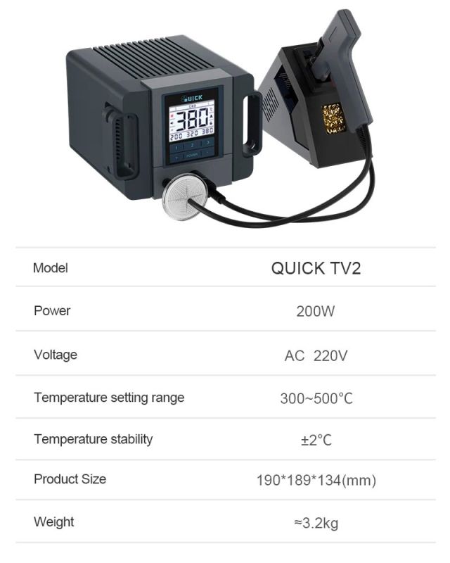 Демонтажная паяльная станция Quick TV2 / вакуумный оловоотсос / LCD дисплей / 300-500°C / 200 Вт