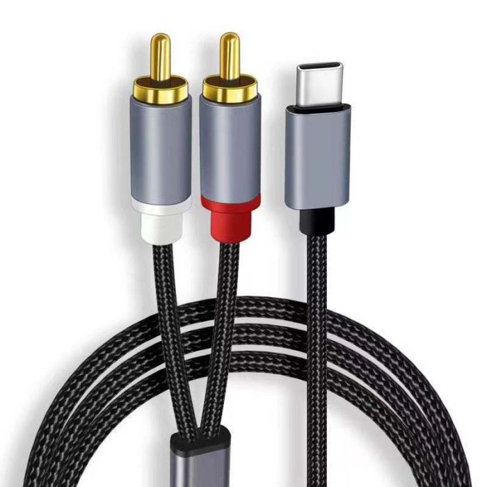 Кабель переходник 2 RCA на Type-C аудио (тюльпан) оплетка 1м Черный