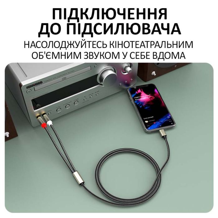 Кабель переходник 2 RCA на Type-C аудио (тюльпан) оплетка 1м Черный
