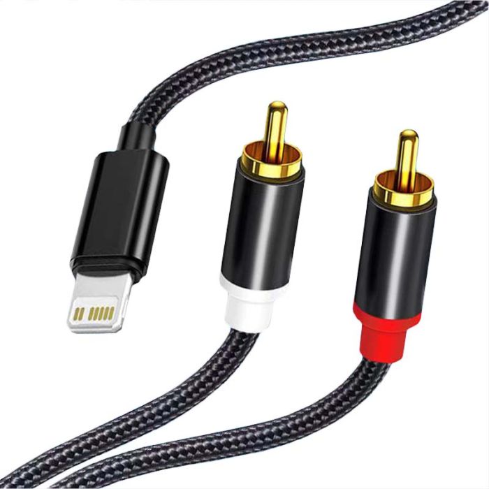 Кабель переходник 2 RCA на Lightning (iPhone) аудио (тюльпан) оплетка 1м Черный