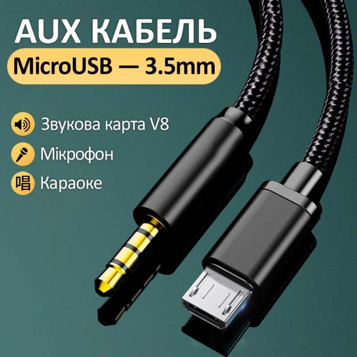 Кабель AUX Micro-USB на 3.5мм (папа-папа) аудио переходник в оплетке 1.5м Черный