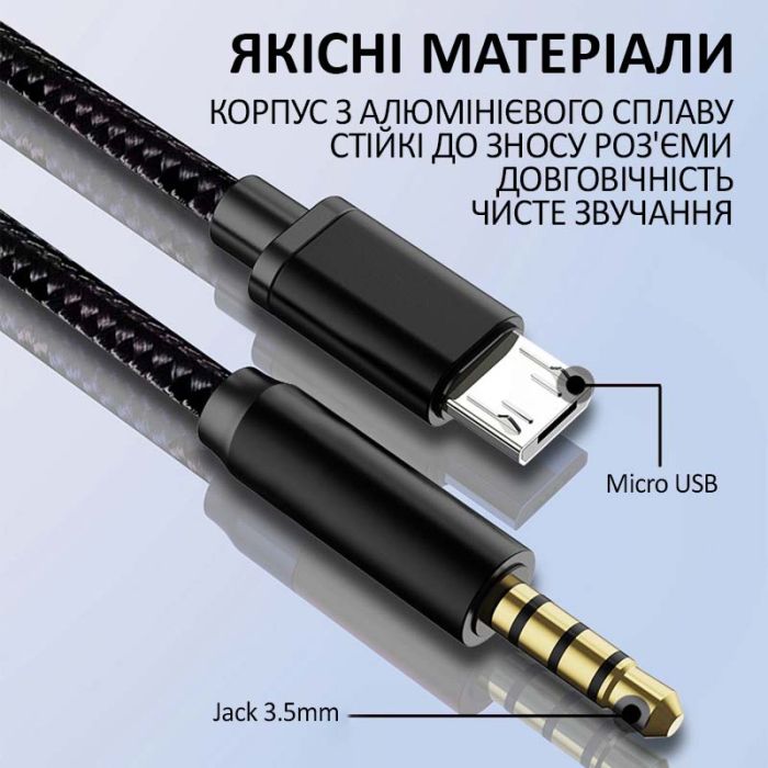 Кабель AUX Micro-USB на 3.5мм (папа-папа) аудио переходник в оплетке 1.5м Черный