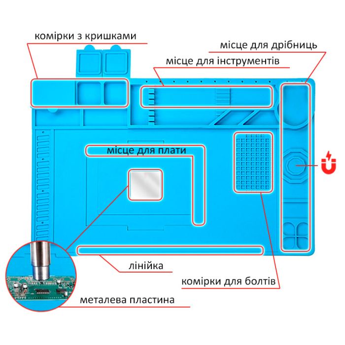 Силиконовый коврик TE-607 / мат термостойкий для пайки, ремонта техники / 460x300 мм Blue