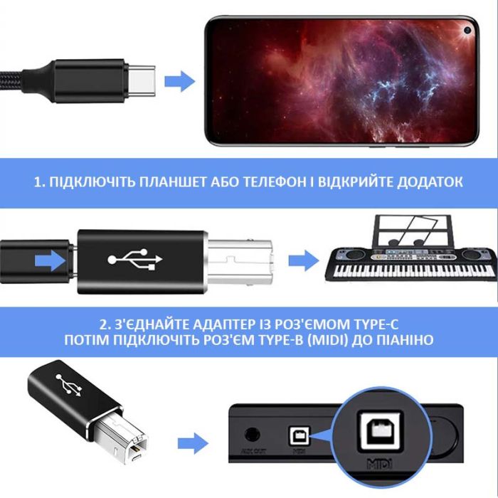 Перехідник адаптер USB Type-C на USB-B 2.0 для принтера, сканера, синтезатора / чорний