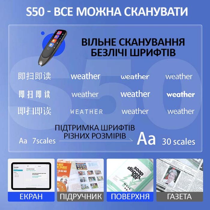 Голосовой переводчик ручка-сканер S50 / 134 языка / Онлайн, офлайн перевод / 1500 mAh / WI-FI