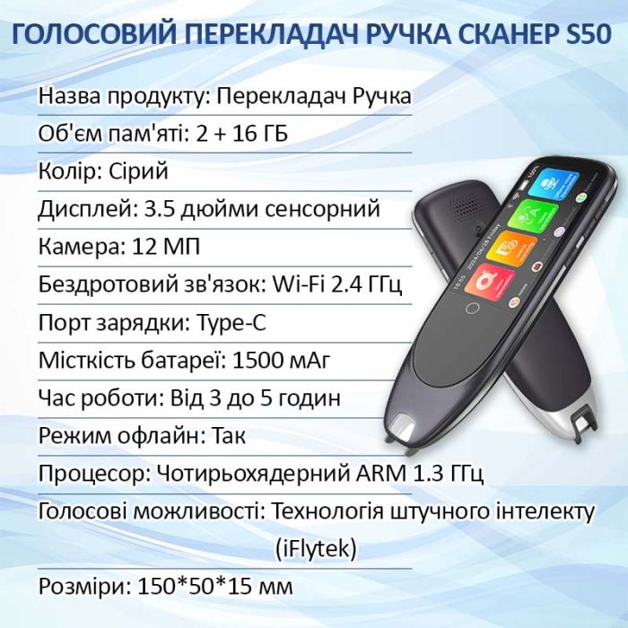 Голосовой переводчик ручка-сканер S50 / 134 языка / Онлайн, офлайн перевод / 1500 mAh / WI-FI