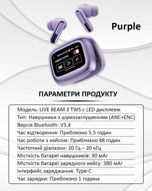 Наушники беспроводные LIVE BEAM 3 TWS с LED дисплеем, Bluetooth 5.4, ANC + ENC, 380mAh, IP55 Purple