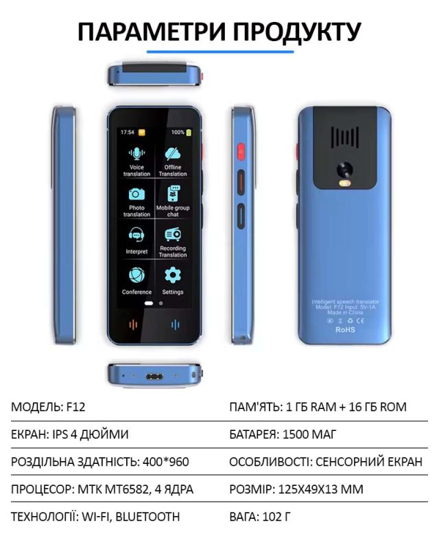 Голосовой электронный переводчик AI F12, 138 языков онлайн, 18 языков офлайн, фото перевод Blue