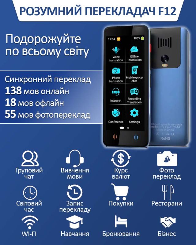 Голосовой электронный переводчик AI F12, 138 языков онлайн, 18 языков офлайн, фото перевод Blue