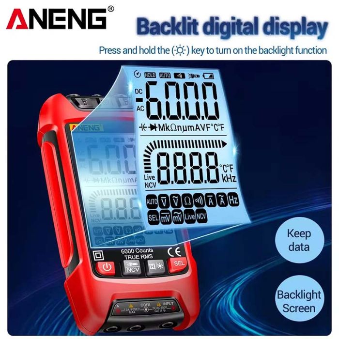 Мультиметр цифровий Aneng SZ01 кишеньковий, True RMS, NCV, автовизначення, ліхтарик, LCD, 600В, 10A