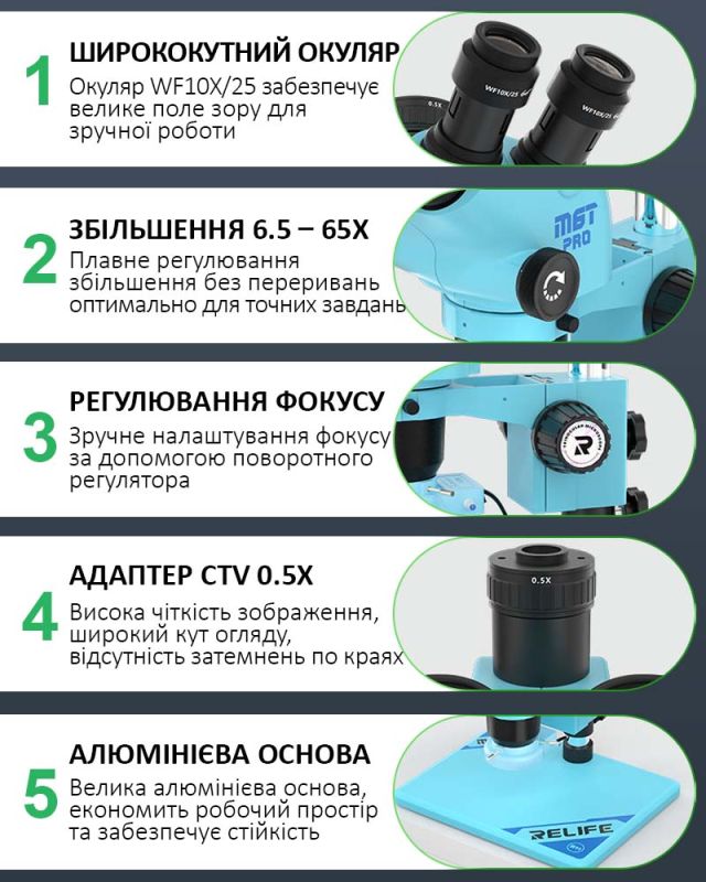 Микроскоп тринокулярный Relife RL-M6T Pro-B11 / 6.5X-65X / CTV 0,5X / подсветка / Фиолетовый