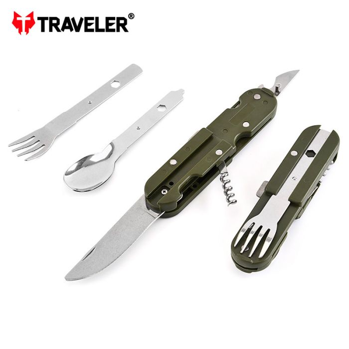 Мультитул походный Traveler K607 нож, ложка, вилка, штопор, открывалка, с чехлом