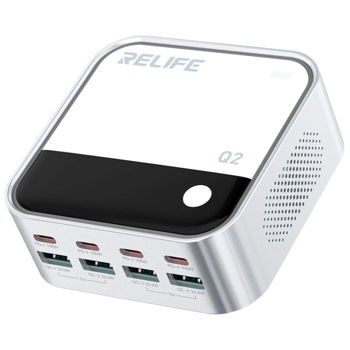 Швидкий зарядний пристрій Relife Q2 GaN / 4xUSB QC / 4xType-C PD / RGB підсвітка / 120W Max / Silver