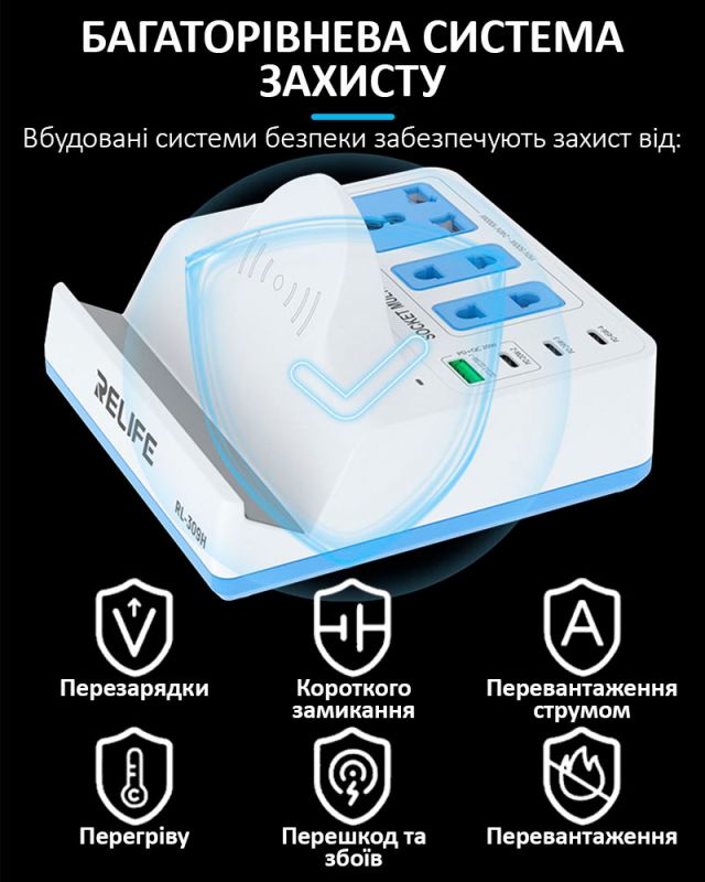 Бездротовий зарядний пристрій Relife RL-309H / 1XUSB QC / 3xType-C PD / подовжувач 220В / 72W Max