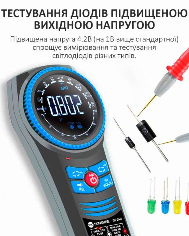 Мультиметр цифровой Sunshine DT-24R / АВТО режим / NCV / Hold / ток до 20A