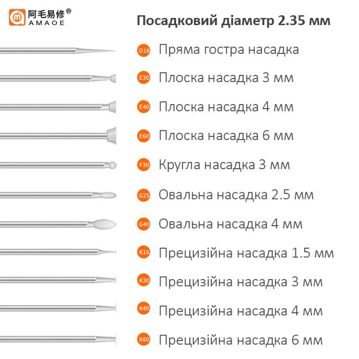 Набір насадок Amaoe для бормашини M140 / гравера, дремеля / D=2.35 мм / 11 шт.