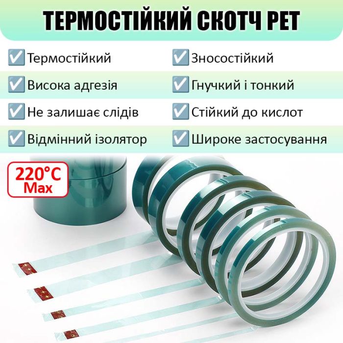 Термостойкий скотч PET зеленый / 220°C Max / толщина 0.06 мм / длина 33 м / ширина 8 мм