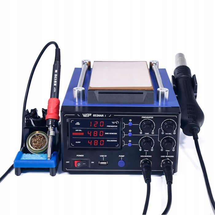 Паяльная станция 3 в 1 WEP 853AAA-I / фен / паяльник / сепаратор / LED дисплей / USB / 1180 Вт