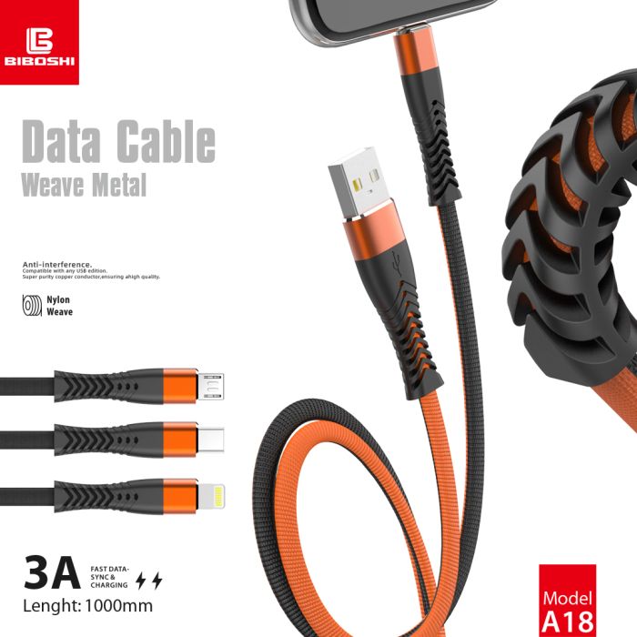 Кабель Biboshi A18 USB - Lightning 1m 3A black - orange